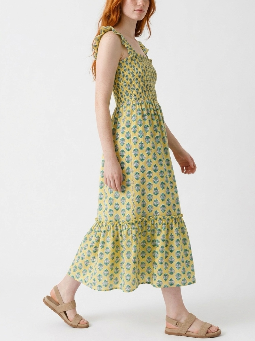 J.Crew Crewcuts Smocked Maxi Dress Girls Size 10 Yellow Floral Block Print